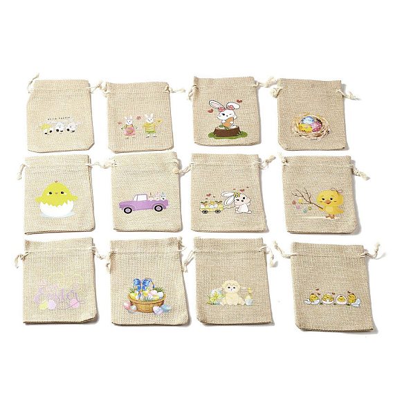 12 шт 12 стили пасхальное яйцо цыпленок кролик напечатанный прямоугольник мешковина ткань упаковочные мешочки, шнурок сумки, пшеничный цвет