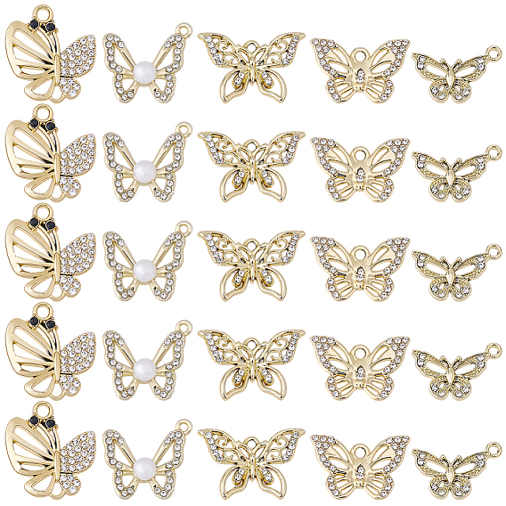 40 шт. 5 стили подвески из сплава с УФ-покрытием, со стразами и пластиковыми бусинами из искусственного жемчуга, без свинца и без кадмия, бабочка