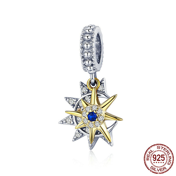 925 Sterling Silver European Dangle Charms, Large Hole Pendants, with Cubic Zirconia, Sun with Star