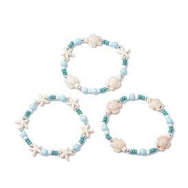 3Pcs Dyed Synthetic Turquoise & Natural Howlite Beads Bracelets for Women, Turtle & Starfish, with Silver Electroplate Non-magnetic Synthetic Hematite Beads