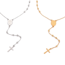 304 colliers de perles de chapelet en acier inoxydable pour la religion, avec ovale avec maillon vierge marie et pendentifs croix