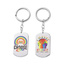 Pride Rainbow 201 Stainless Steel Keychain, with Key Ring, Oval