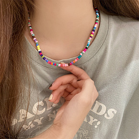 Colorful Beaded Heart Double-Layered Choker Necklace for Women with Hip-Hop and Unique Design