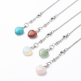 Pendules de radiesthésie en pierres précieuses mixtes, avec placage de couleur en acier inoxydable 304 apprêts en acier inoxydable et perles en hématite synthétique, charme coeur