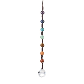 7 Chakra Natural & Synthetic Gemstone Pendant Decorations, Braided Nylon Thread and Glass Round Charm for Car Rearview Mirror Home Window Decor