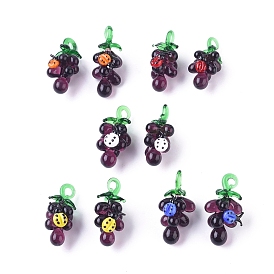 Autumn Theme Thanksgiving Charms Handmade Lampwork Glass Pendants, with Ladybug, Grape, 22x41mm, Hold: 6mm