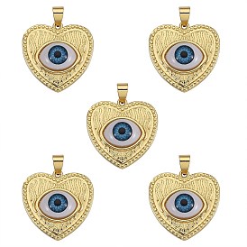 5Pcs Brass Pendants, with Resin Cabochons, Long-Lasting Plated, Heart with Evil Eye, Real 18K Gold Plated