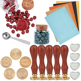 CRASPIRE DIY Wax Seal Stamp Kits, Including Brass Wax Seal Stamp, Wood Handle, Sealing Wax Particles, Paper Envelopes, Candles, 304 Stainless Steel Spoon