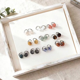 304 Серьги-кольца из нержавеющей стали с бусинами-ронделями из драгоценных камней, цвет нержавеющей стали