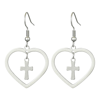 201 Stainless Steel Heart & 304 Stainless Steel Cross Dangle Earrings