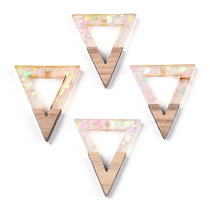 Transparent Resin & White Wood Pendants, Hollow Triangle Charms with Paillettes