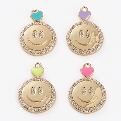 Brass Micro Pave Cubic Zirconia Pendants, Cadmium Free & Lead Free, with Enamel, Flat Round Smilimg Face, Golden