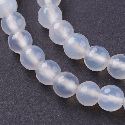 Natural White Agate Beads Strands, Faceted, Round