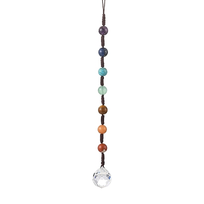 7 Chakra Natural & Synthetic Gemstone Pendant Decorations, Braided Nylon Thread and Glass Round Charm for Car Rearview Mirror Home Window Decor