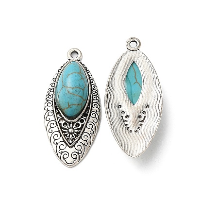 Synthetic Turquoise Pendants, Southwest Style, with Tibetan Style Alloy Findings, Leaf Charms