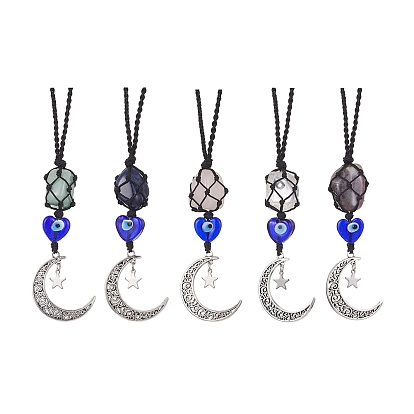 Décorations de pendentif de pochette de pierres précieuses, Coeur avec mauvais œil, lampe et alliage, lune creuse et fils de nylon, décorations suspendues