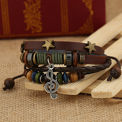 Leater Braided Multi-strand Bracelet with Alloy Musical Note Charms, Natural Mixed Gemstone Beaded Bracelet for Men Women