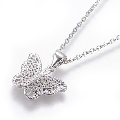 304 Stainless Steel Pendant Necklaces, with Brass Cubic Zirconia Pendants, Butterfly