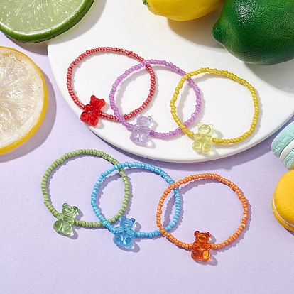 6 PCS Rainbow Style Bear Shape Acrylic Beaded Bracelets Set for Children, with Glass Seed Beads