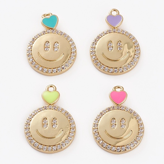 Brass Micro Pave Cubic Zirconia Pendants, Cadmium Free & Lead Free, with Enamel, Flat Round Smilimg Face, Golden