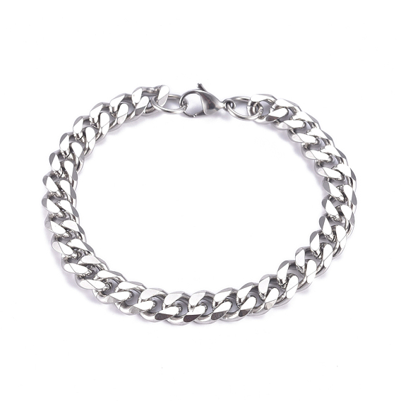 Men's 304 Stainless Steel Cuban Link Chain Bracelets, with Lobster Claw Clasps