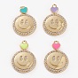 Brass Micro Pave Cubic Zirconia Pendants, Cadmium Free & Lead Free, with Enamel, Flat Round Smilimg Face, Golden