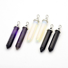 Platinum Plated Pointed Brass Gemstone Bullet Big Pendants, Double Terminated Pointed, Faceted, 58~63x12x10mm, Hole: 5x3.5mm