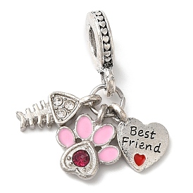 Rack Plating Alloy Crystal Rhinestone European Dangle Charms, Large Hole Heart & Fish Bone & Paw Print Pendants with Enamel, Cadmium Free & Nickel Free & Lead Free, Platinum