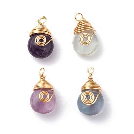 Natural Fluorite Pendants, with Real 18K Gold Plated, Eco-Friendly Copper Findings, Long-Lasting Plated, Teardrop