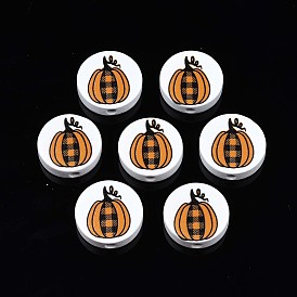 Cuentas de madera natural impresas con tema de otoño, redondo plano con patrón de calabaza de tartán
