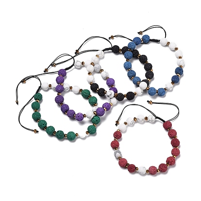 Adjustable Nylon Cord Braided Bead Bracelets, with Glass Beads, Round Natural Lava Rock(Dyed) Beads and Synthetic Howlite Beads