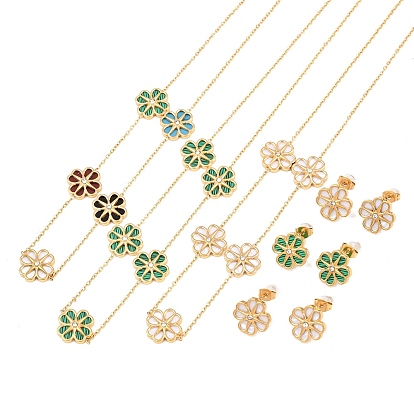 304 Колье и серьги-гвоздики из нержавеющей стали с цепочками из смоляных цветочных звеньев, золотые, ионное покрытие (ip)