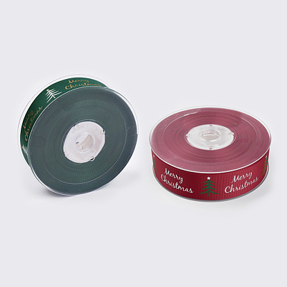 Polyester Printed Grosgrain Ribbons, Christmas Tree and Word Merry Christmas