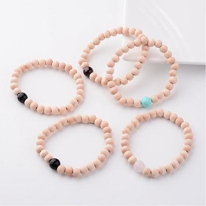 Wood Stretch Bracelets, with Faceted Gemstone Beads, 55mm