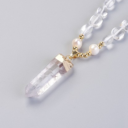 Gemstone and Natural Quartz Crystal Pendant Necklaces, with Pearl and Brass Findings, Bullet