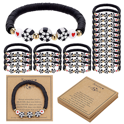 Handmade Polymer Clay Bead Stretch Bracelets, Football, with Paper Card