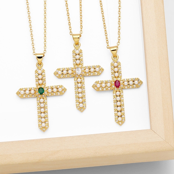 Brass Micro Pave Cubic Zirconia Pendant Necklaces, with Plastic Bead, Cross