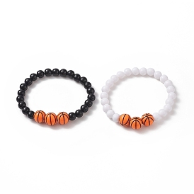 Acrylic Basketball Beaded Stretch Bracelets, Black & White Round Bead Couple Bracelet Set