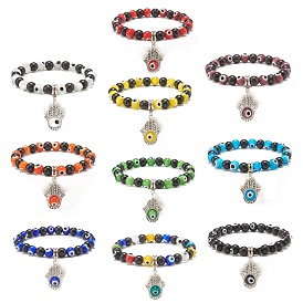 Synthetic Turquoise(Dyed) & Lampwork Evil Eye Round Beaded Stretch Bracelet with Hamsa Hand Charm for Women