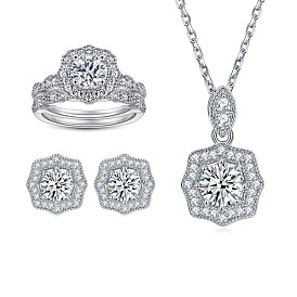 925 Silver Zirconia Jewelry Set - Earrings, Ring and Necklace with Flower Design