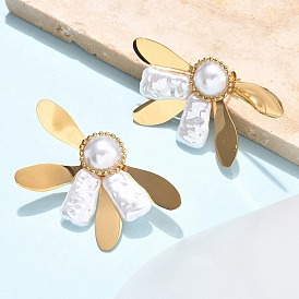 Цветок 304 из нержавеющей стали серьги стержня, с абс пластмассовой имитационной жемчужиной, ионное покрытие (ip)