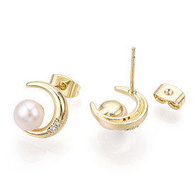Natural Pearl Stud Earrings with Cubic Zirconia, Brass Moon Earrings with 925 Sterling Silver Pins