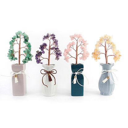 Gemstone Chips Tree Decorations, Ceramic Vase Base Copper Wire Feng Shui Energy Stone Gift for Home Desktop Decoration