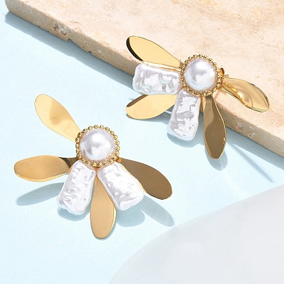 Цветок 304 из нержавеющей стали серьги стержня, с абс пластмассовой имитационной жемчужиной, ионное покрытие (ip)