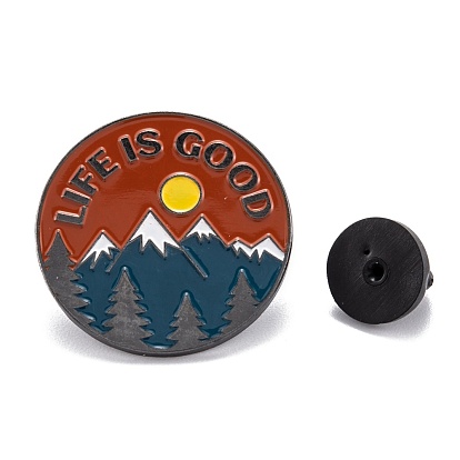 Alloy Enamel Brooches, Enamel Pin, with Butterfly Clutches, Flat Round with Word Life is Good, Mountain, Colorful