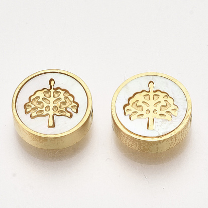 304 Stainless Steel Beads, with Shell, Flat Round with Tree of Life