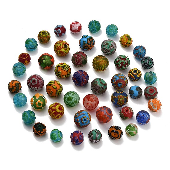 Handmade Bumpy Lampwork Beads, Round with Flower