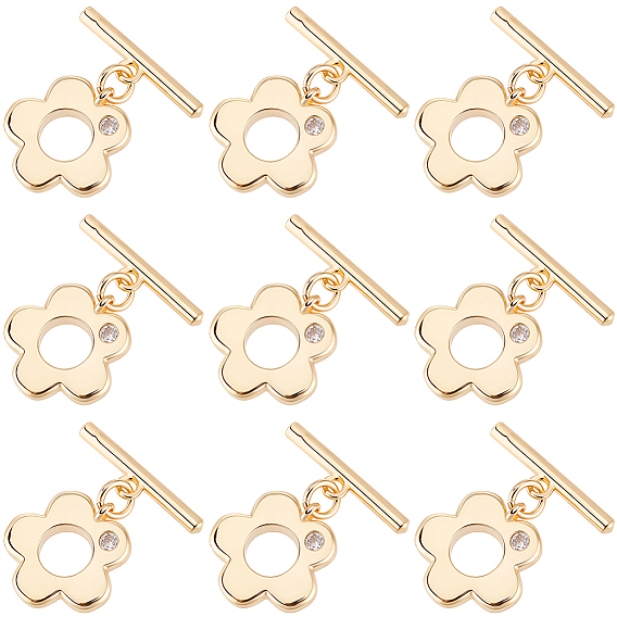 10 Застежки-тоггл из латуни с микропаве из прозрачного кубического циркония, без кадмия, без никеля и без свинца, цветок