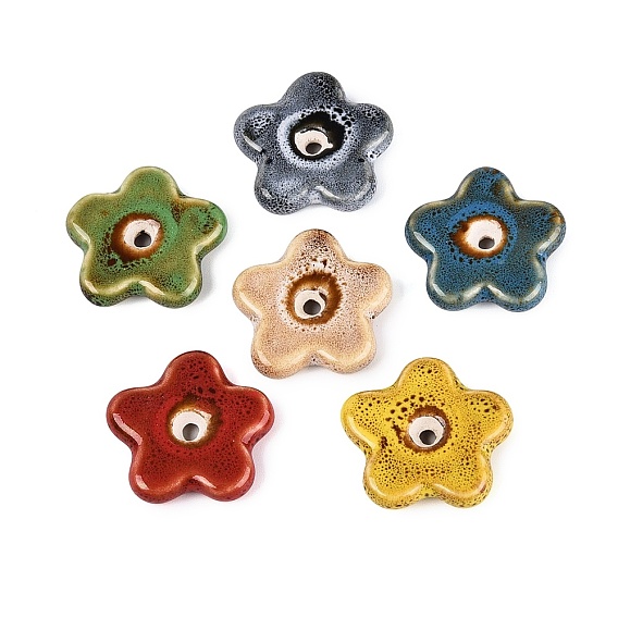 Vintage Handmade Porcelain Beads, Fancy Antique Glazed Porcelain, Flower