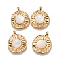 Natural Freshwater Shell Charms, with Ion Plating(IP) 304 Stainless Steel Settings, Real 18K Gold Plated, Flat Round